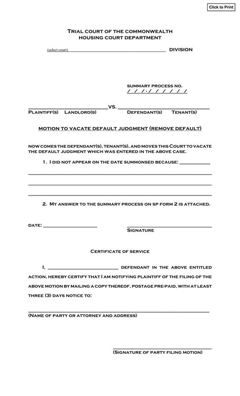 Massachusetts Motion To Vacate Default Judgment Remove Default Fill