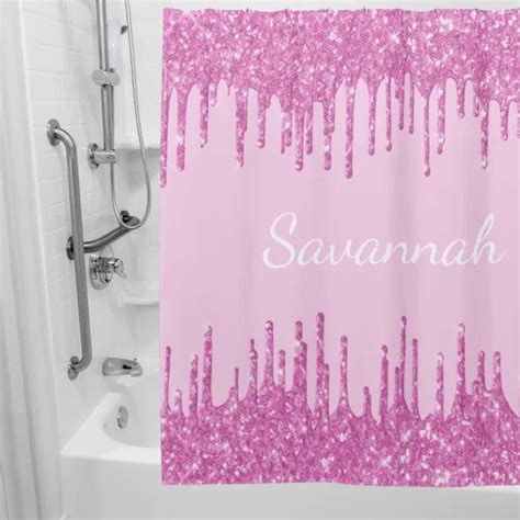 Pink Glitter Drips Monogram Name Script Shower Curtain Zazzle