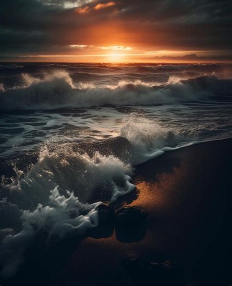 Premium AI Image | A sunset with waves crashing on the beach