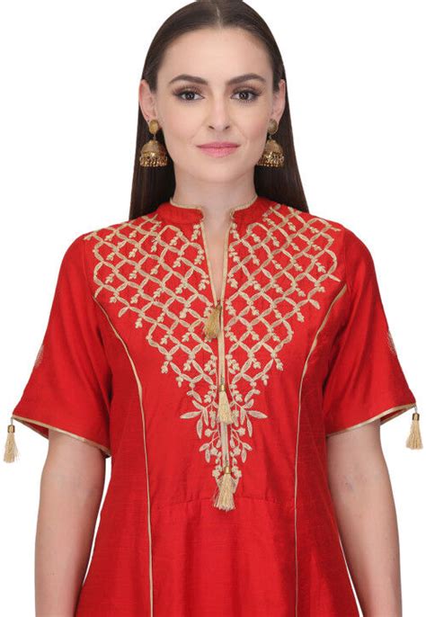 Buy Embroidered Art Silk Pakistani Suit In Red Online Kmv Utsav