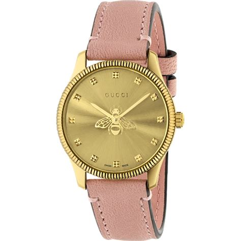 Gucci G Timeless Slim Gold PVD Leather Watch Bee Motif YA1265041