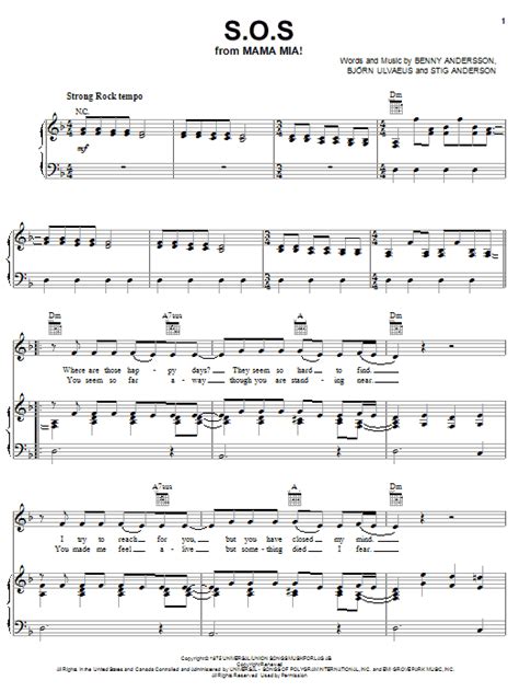 S O S Sheet Music By Abba Piano Vocal Guitar Right Hand Melody