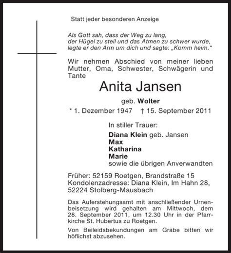 Traueranzeigen Von Anita Jansen Aachen Gedenkt