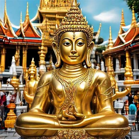 A Gold Statue Of A Buddha Sits In Front Of A Temple Premium Ai