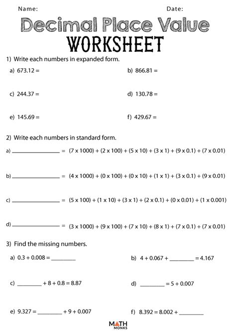 Decimal Place Value Worksheets