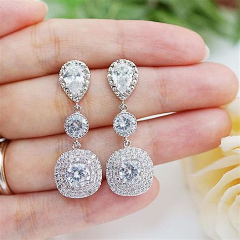 Cubic Zirconia Bridal Earrings Wedding Jewelry Square Drop Cubic Zirconia Dangle Earrings H