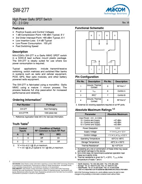 Sw Datasheet High Power Gaas Spdt Switch