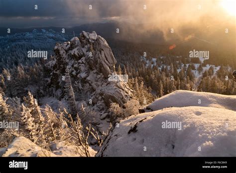 Rocks covered with snow, Ural mountains Stock Photo - Alamy