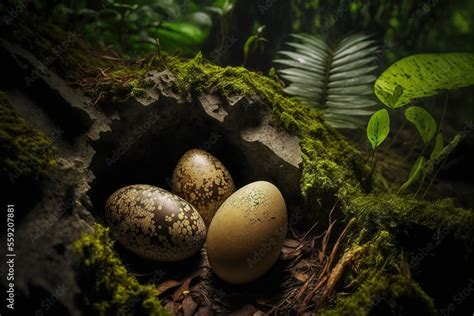 Dinosaur eggs in the jungle. AI genereated Stock Illustration | Adobe Stock