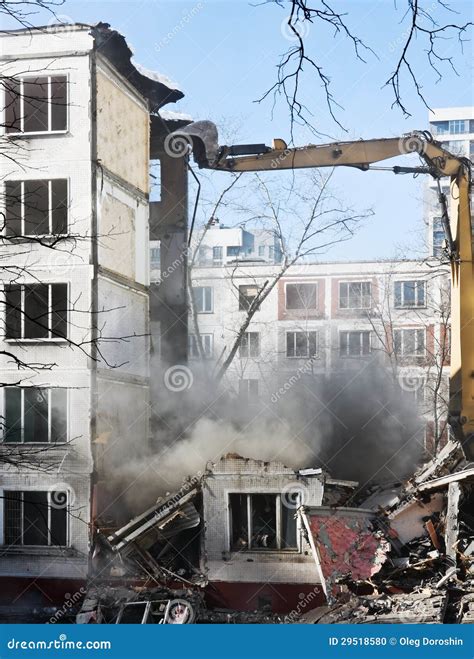 Demolition of Dilapidated and Old Apartment Building Stock Photo