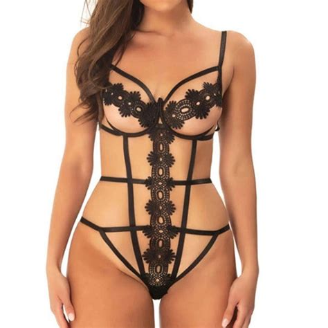 Sexy Black Lace Embroidery Hollow Out Spaghetti Straps Bodysuit Teddies