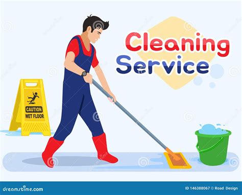 Man Worker Mopping The Floor Male Cleaning Service Vector