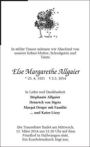 Traueranzeigen Von Else Margarethe Allgaier Schwarzw Lder Bote Trauer