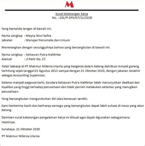 Contoh Surat Pengalaman Kerja Mekanik