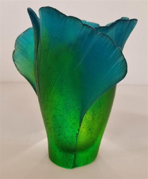 Daum Pate De Verre Gingko Medium Vase Signed French Art Glass Vase Fused Glass Art Glass