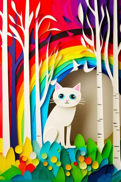 Premium Photo White Cat Sitting In The Middle Of Forest With Rainbow