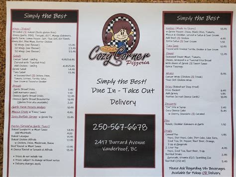 Menu At Cozy Corner Pizzeria Vanderhoof