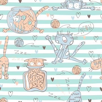 Premium Vector | Cute cats on striped pattern