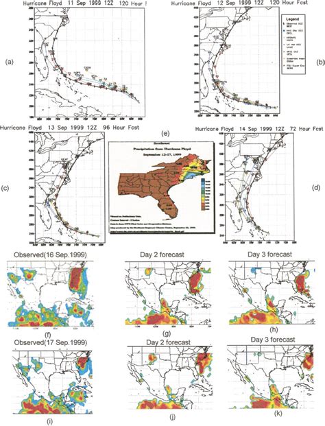 (a)–(d) Track forecasts for Hurricane Floyd on different start dates.... | Download Scientific ...