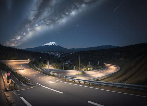 Premium Photo | A highway with a mountain in the background at night ...