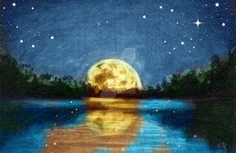 Full Moon by the Lake | Pencil drawings, Night sky drawing, Drawing prints