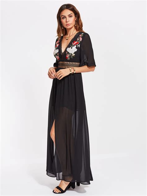 Eyelet Lace Panel Flower Embroidered Plunge Dress Shein Sheinside