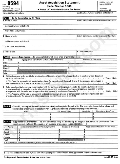 Form 8594 Asset Acquisition Statement Under Section 1060 Internal