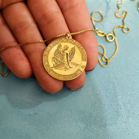 K Solid Gold Virgo Necklace Medallion Necklace Star Etsy