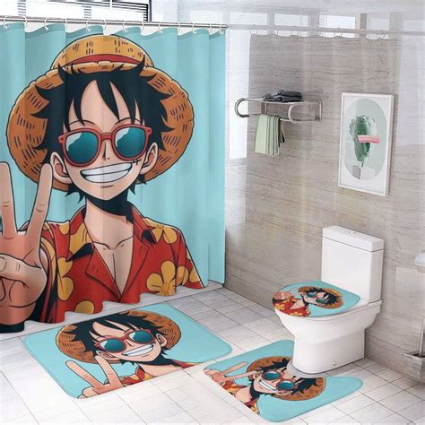 One Piece Luffy Cartoon Shower Curtain Set for Bathroom 4 Piece