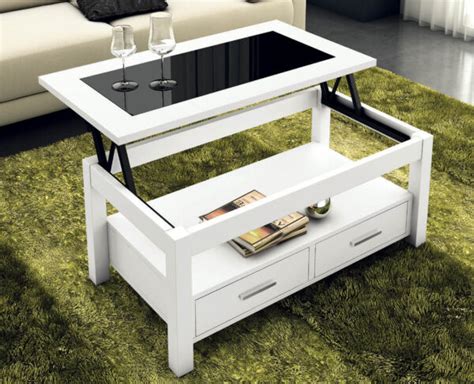 Mesa De Centro Elevable Blanca Con Cristal Negro Byhom Muebles