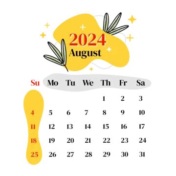 August Floral Monthly Calendar Vector August Calendar