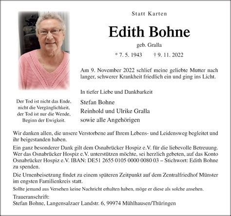 Traueranzeigen Von Edith Bohne Noz Trauerportal