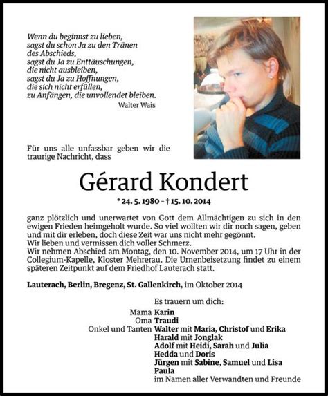 Todesanzeigen Von Gerard Kondert Todesanzeigen Vorarlberger Nachrichten