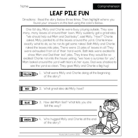 Fall Early Finishers 2nd Grade Ela Comprehension Leaf Pile Fun Lucky Little Learners