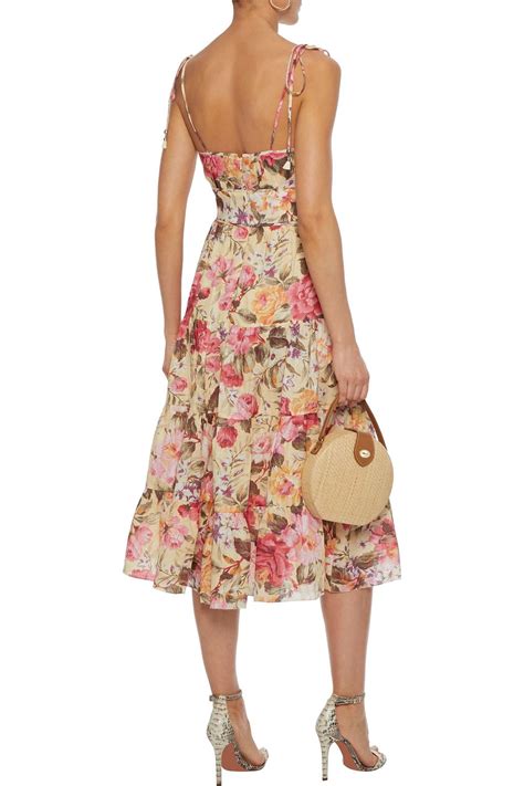 Zimmermann Honour Gathered Floral Print Linen Midi Dress The Outnet