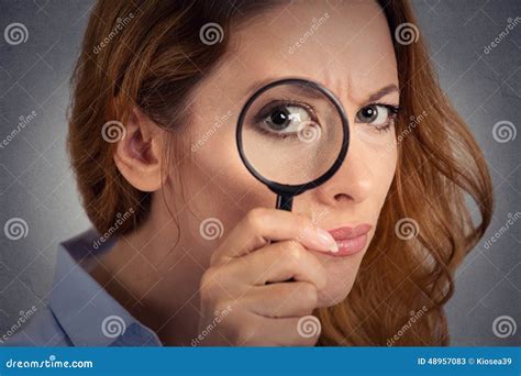 Headshot Woman Investigator Looking Through Magnifying Glass Stock