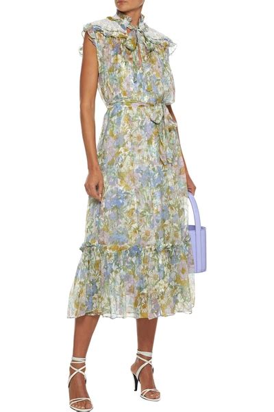 Zimmermann Super Eight Pussy Bow Smocked Floral Print Silk Chiffon Midi