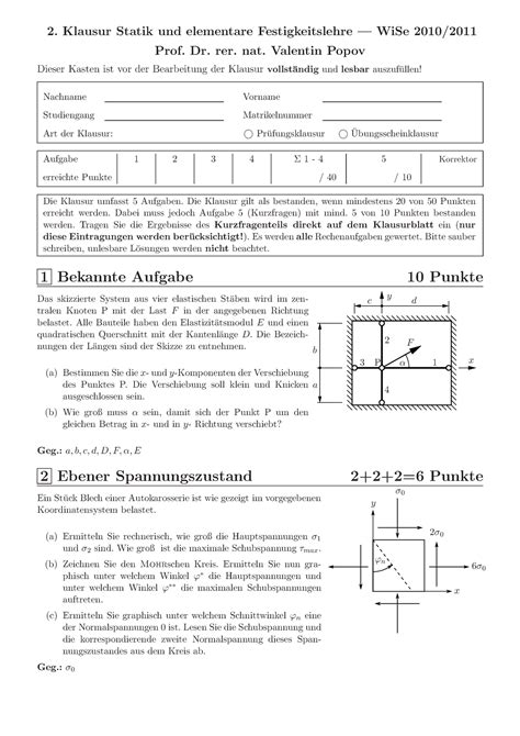 Klausur Ws Klausur Statik Und Elementare Festigkeitslehre