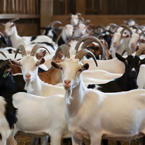 Colorful Goats With Curved Horns In Barn Wooden Structure Highlights