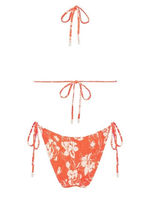 Emmiol Free Shipping 2023 Floral Print Smocked Bikini Set Orange M In