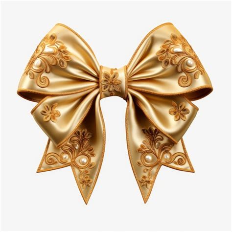 Premium Photo Golden Color Ribbon Bow On White Background Generative Ai