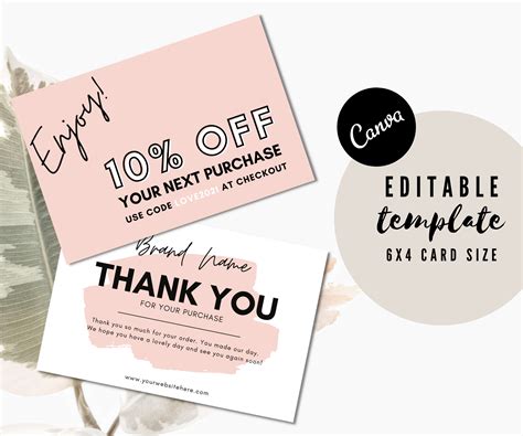Editable Thank You Coupon Card, Customizable Insert Card, Pink Thank