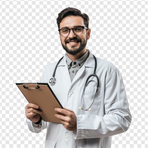 Premium PSD Male Doctor Holding Clipboard Smiling On Transparency