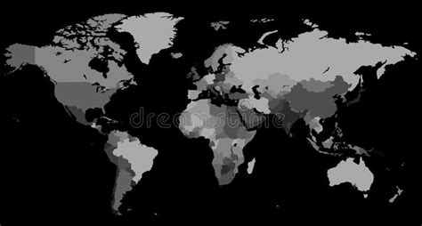 Greyscale World Map On Black Background World Map With Countries