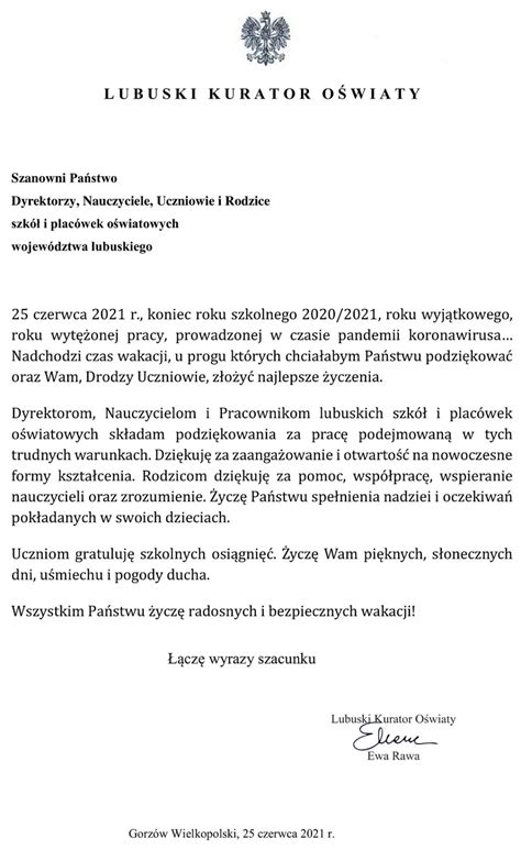 List Na Zako Czenie Roku Szkolnego Kuratorium O Wiaty W Gorzowie Wlkp