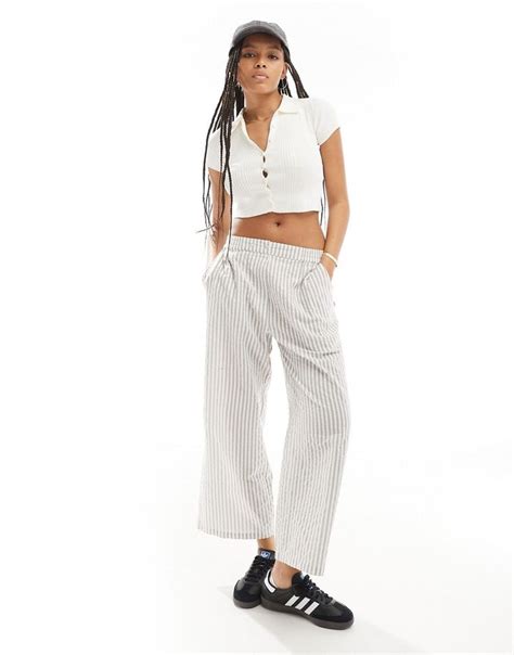 Asos Design Cropped Pull On Trouser With Tab Waistband In Grey Stripe