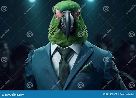 Portrait Of A Parrot Dressed In A Formal Business Suit Stock