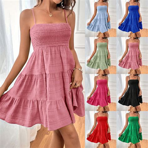 Womens Strappy Ruffle Mini Dress Ladies Summer Beach Holiday Swing Cami