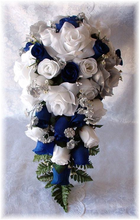 ROYAL BLUE Horizon Wedding Bouquet Cascade 21pc WHITE Silver Silk Flowers