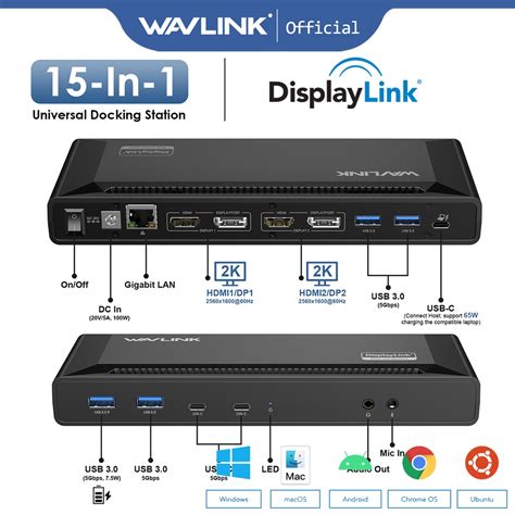 Wavlink Universal Docking Station With Displaylink Usb Laptop Dock Dual Monitors Pd65w Charging